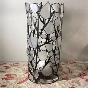 Capiz White Shell Leaf Black Metal Cylinder Open Tall Candle Holder 1/2